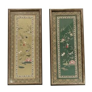Vintage Chinese Silk Embroidery Koi Fish Lotus Framed Art Panels Set of 2 H147